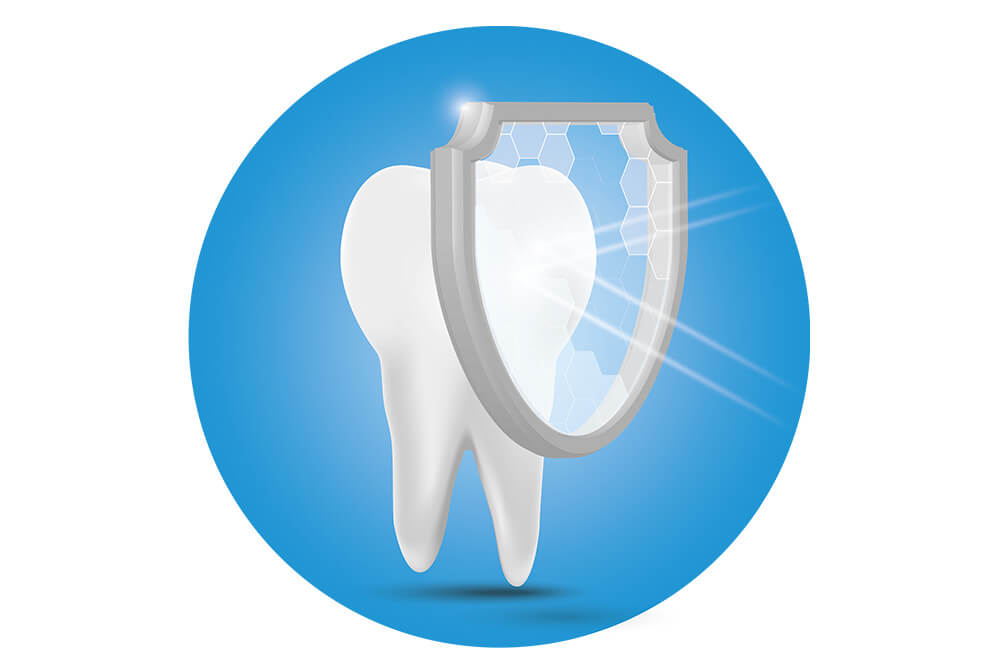 Illustration eines Backenzahns mit einem strahlenden Schutzschild an der Seite als Sinnbild für intakten Zahnschmelz